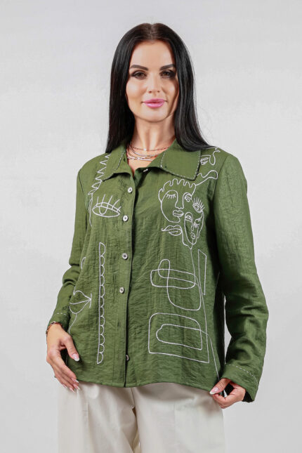 woman wearing cotton blend shirt with embroidery