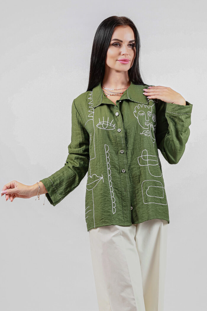 Woman Wearing Cotton Blend Shirt With Embroidery
