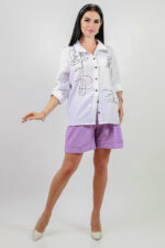 model wearing cotton blend shirt and shorts