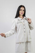 woman wearing linen shirt with embroidery
