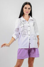 model wearing cotton blend shirt off white color with embroidery