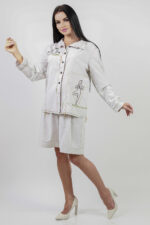 woman wearing linen shirt with embroidery