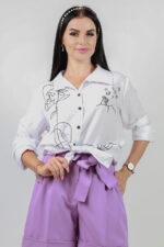 model wearing cotton blend shirt with embroidery