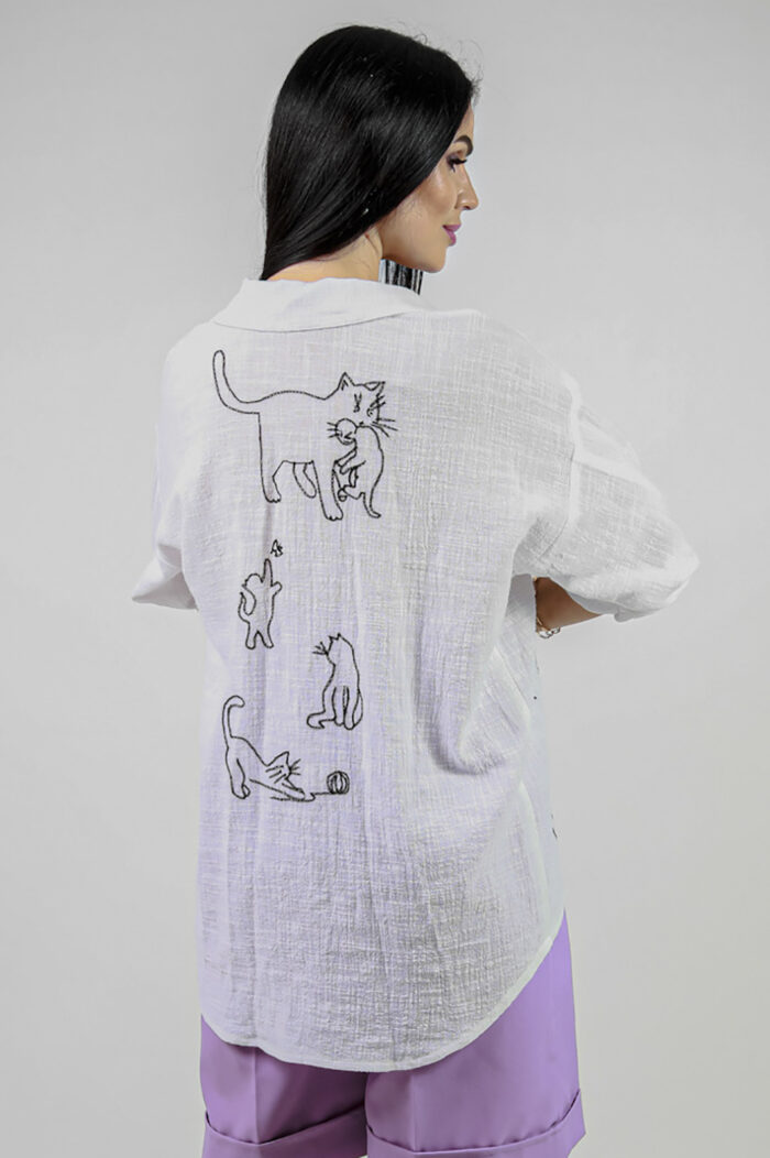 Woman Wearing Linen Shirt With Embroidery