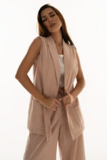 woman wearing linen waistcoat with pockets