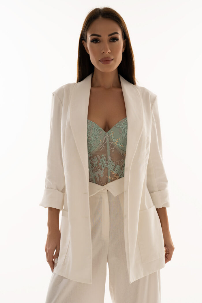 Woman Wearing Off White Linen Blazer