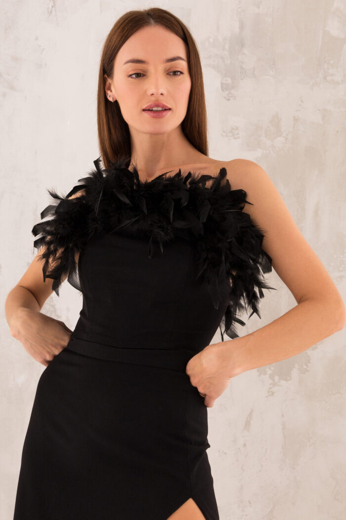 Woman Wearing Black Top With Feathers