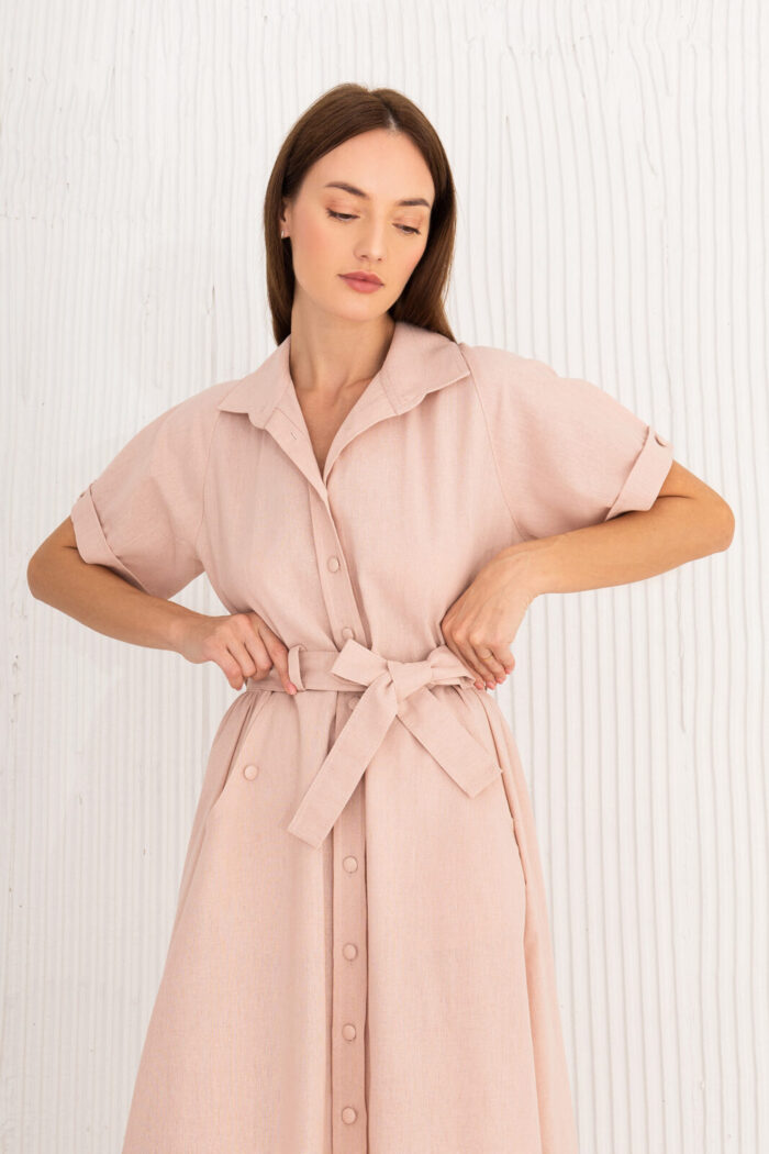 Woman Wearing Long Linen Dress With Sleeves