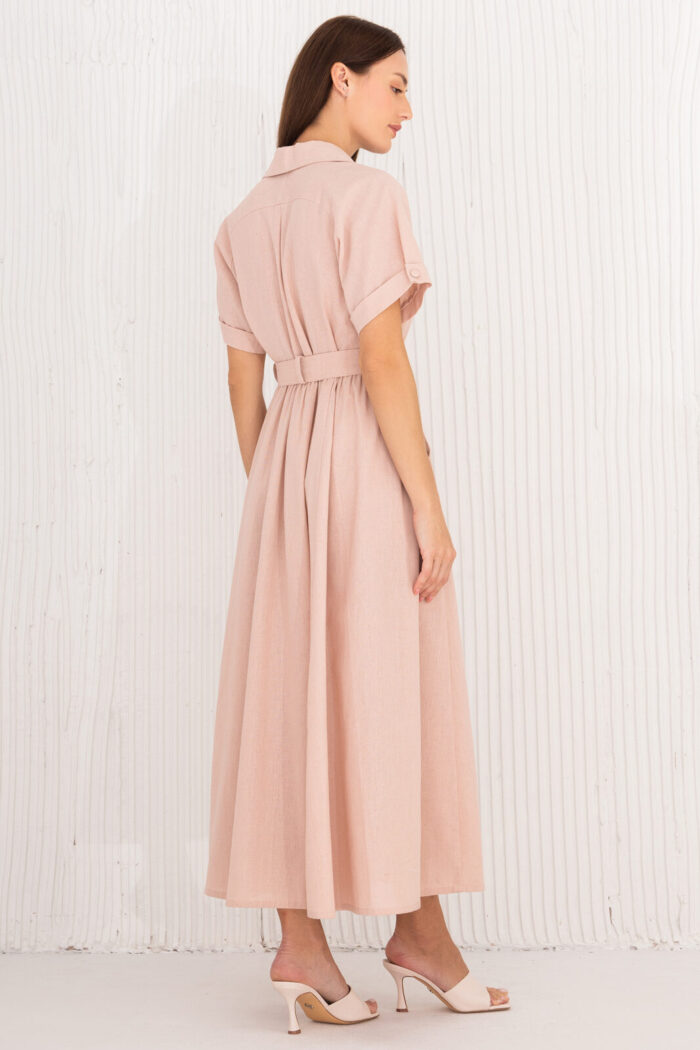 Woman Wearing Long Linen Dress With Sleeves