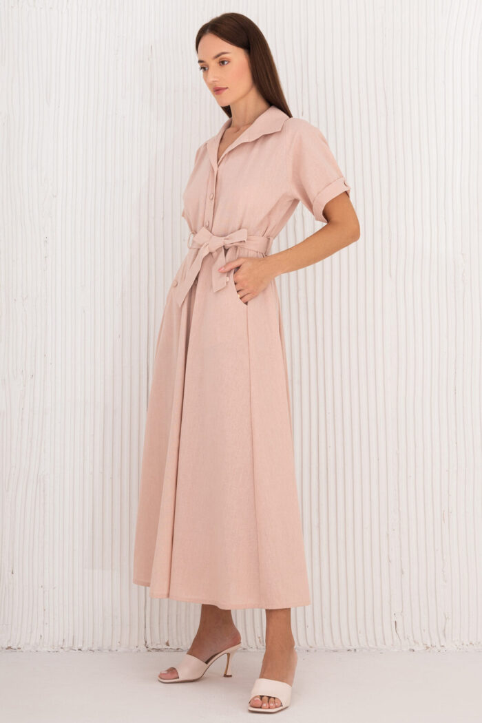 Linen Rosette Button - Down Dress &Amp;Bull; Linen Dress Dusty Rose
