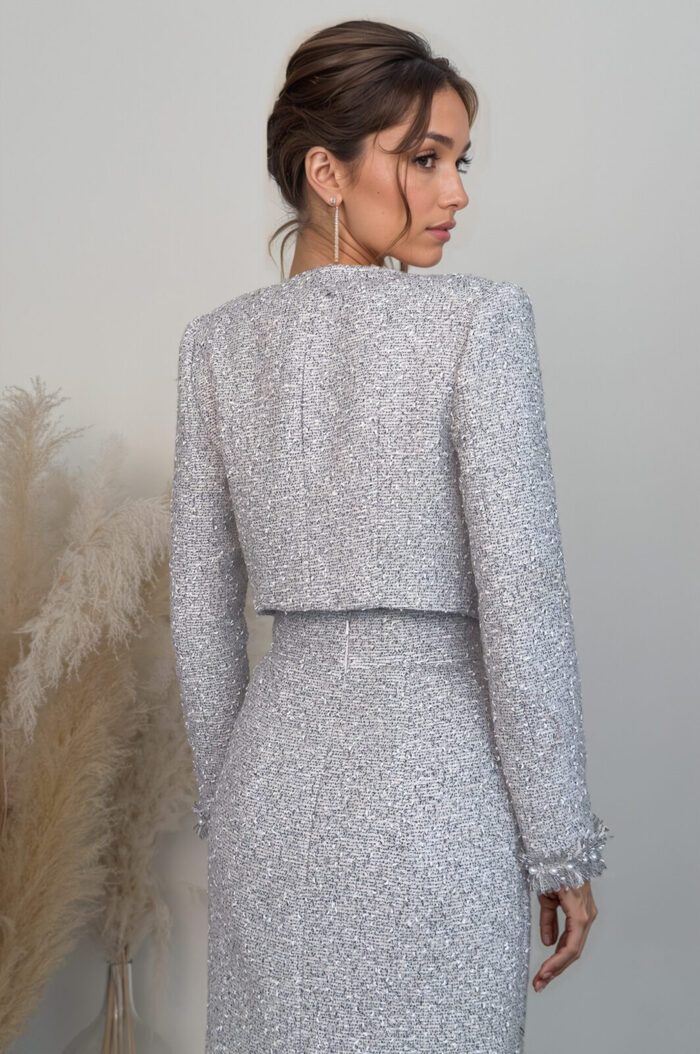 Woman Wearing Boucle Cropped Jacket And Cropped Top