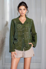 woman wearing cotton blend shirt green color
