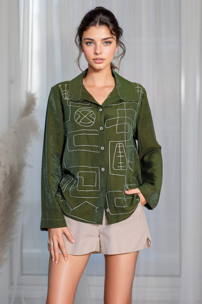 Woman Wearing Cotton Blend Shirt Green Color
