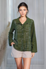woman wearing cotton blend shirt green color