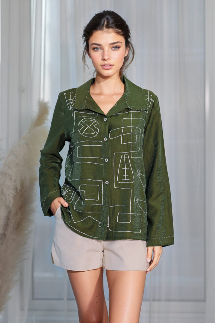 Woman Wearing Cotton Blend Shirt Green Color