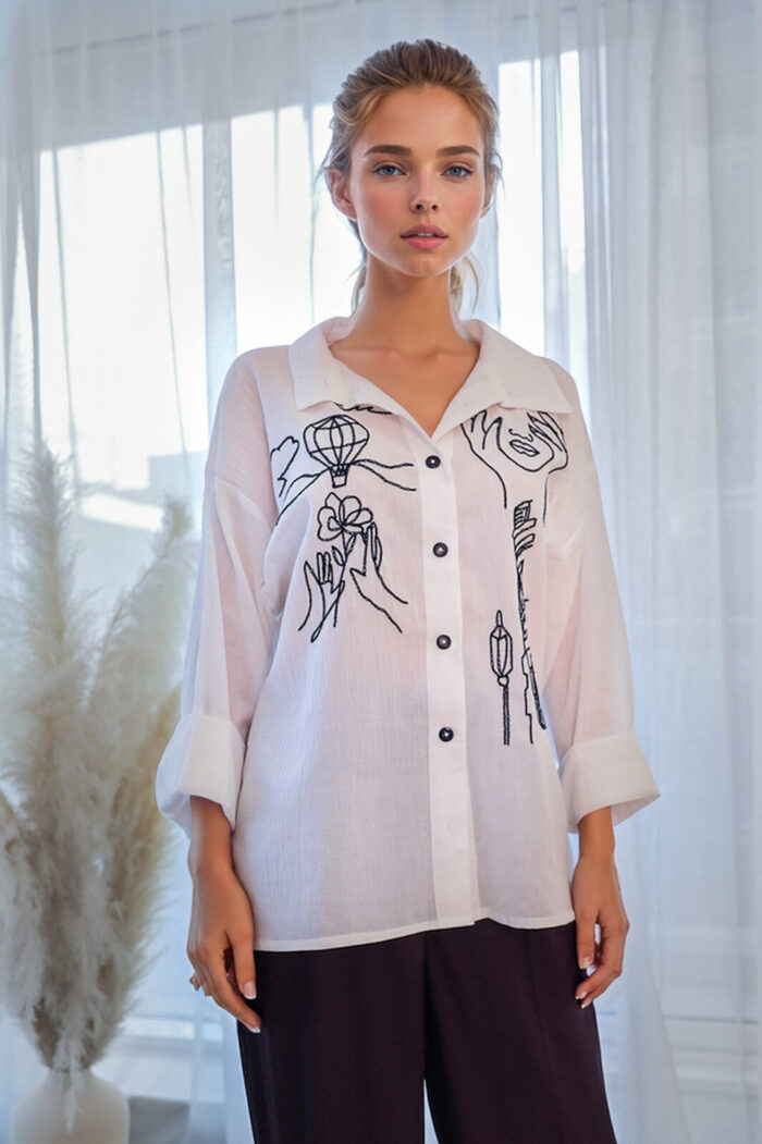 Woman Wearing Cotton Shirt With Embroidery