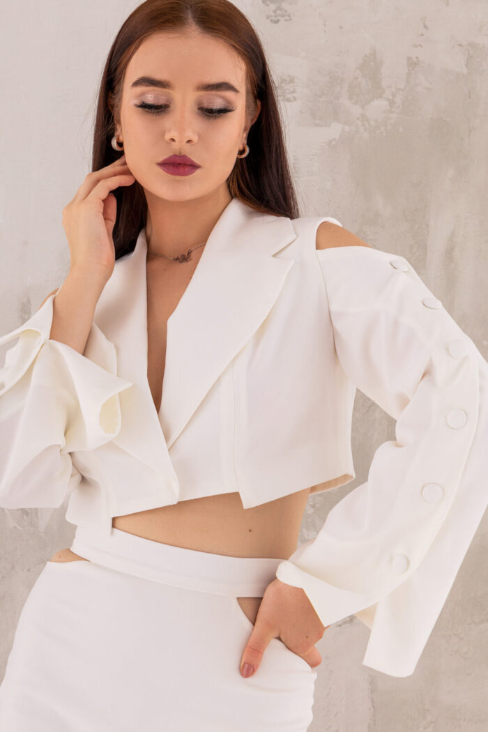 Woman Wearing Off White Cropped Jacket