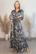 woman wearing maxi shirt dress made of silk