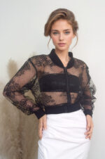 woman wearing bomber jacket made of tulle