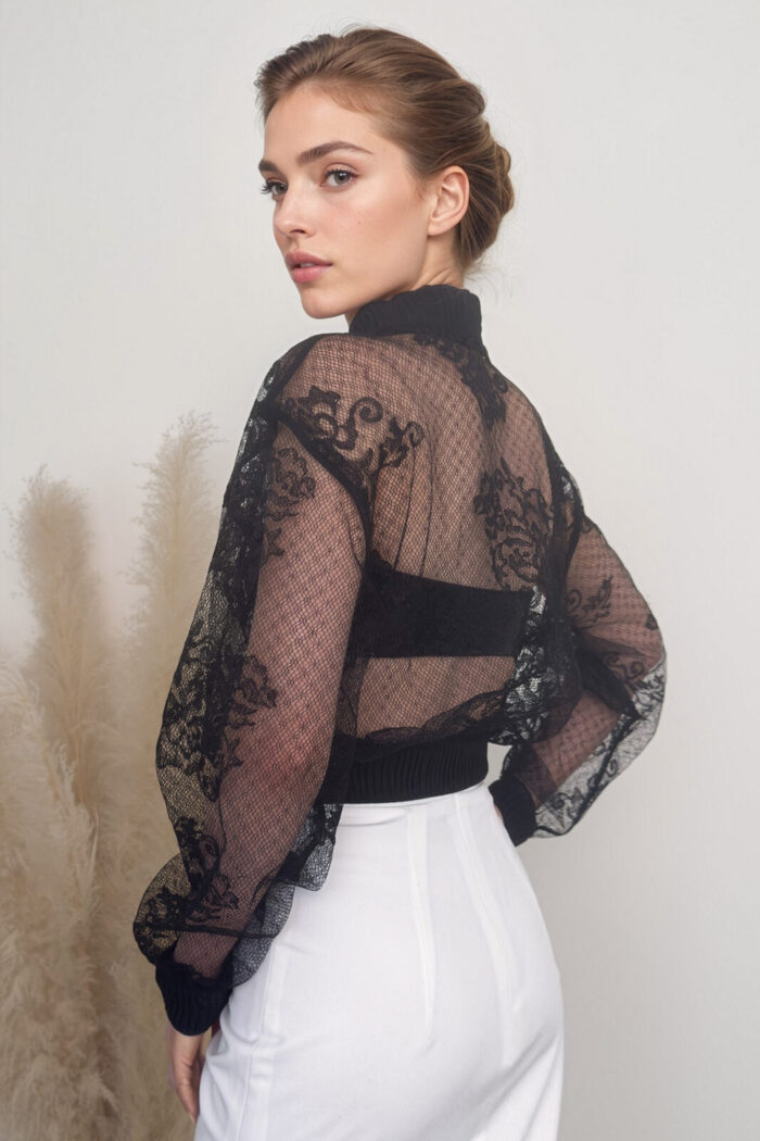 Woman Wearing Bomber Jacket Made Of Tulle